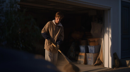A garage cleanup on a crisp winter morning, where a family sweeps out dust, stacks labeled bins, and makes room for new projects as part of their annual new-year refresh. cinematic color