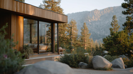 A minimalist modern wooden cabin with large panoramic windows, blending natural materials and contemporary design in a remote mountain setting. cinematic color correction, natural uneven lighting