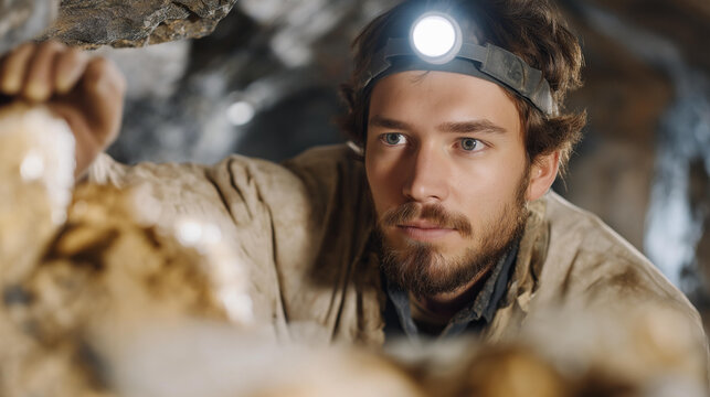 A geological engineer examining rock samples inside a deep research tunnel, headlamp illuminating mineral formations that reveal ancient earth history. cinematic color correction, natural uneven