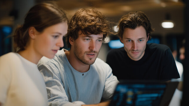 A project team studying analytics that reveal incorrect assumptions, laptops open and notes scattered as they reassess decisions made from earlier misjudgment. cinematic color correction, natural