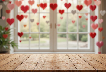 Empty wooden table top on blurred window interior decorated with red heart garland of valentine day celebration. Valentines background. 3d rendering.