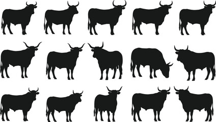 Black and white silhouette vector set featuring traditional gambrel roof barns, a horse, pigs, chickens, and a wooden fence, representing classic farm buildings and livestock.