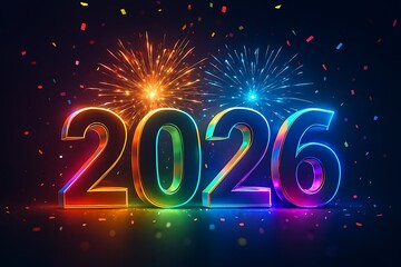 2026 New Year Celebration Banner, Colorful Neon Glowing 3D Numbers with Fireworks and Confetti on Dark Background