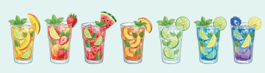 Refreshing non alcoholic summer cocktails set with fruits and ice, watercolor vectors illustration isolated on light pastel background
