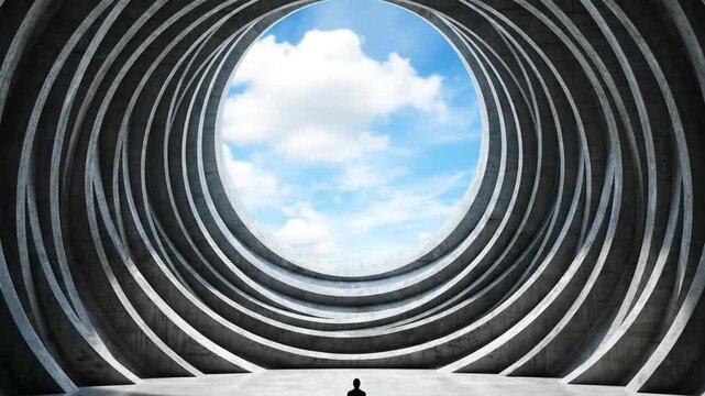 Futuristic Circular Concrete Tunnel Architecture with Ribbed Walls Opening to Bright Blue Sky and Clouds, a Silhouetted Figure Gazing Upward, Symbo...