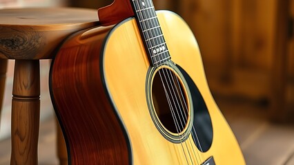 Fototapeta premium An acoustic guitar leaning against a wooden stool, bathed in warm light for a rustic musical vibe.