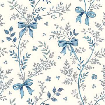 Blue toile digital paper with coquette bows, preppy blue and white seamless printable patterns for baby shower, nursery and scrapbooking
