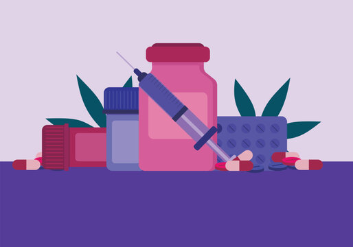 Medical drugs and pharmacy illustration with pills, syringe, and vial. Healthcare treatment concept in modern flat vector style