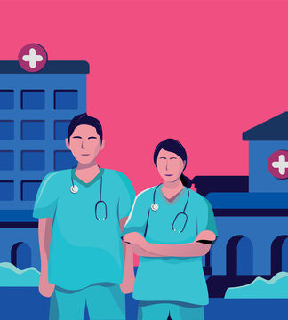 Medical team of doctors and nurses in hospital healthcare scene. Professional staff collaboration illustrated in modern flat vector style