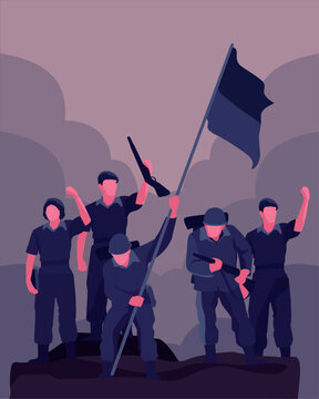 Military soldiers raising flag in victory moment. Army teamwork and patriotism concept illustrated in bold modern vector style