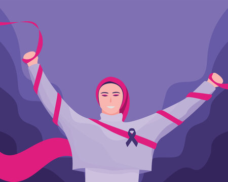 Empowered Muslim woman wearing hijab with awareness ribbon and victory gesture. Diversity, strength, and social awareness in modern flat vector style