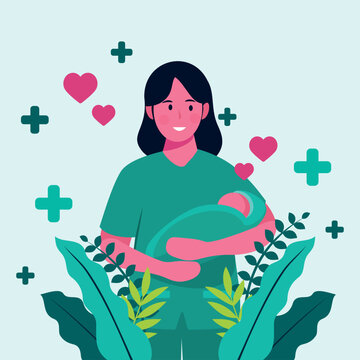 Mother and baby healthcare scene with pediatric nurse or midwife. Maternal care and newborn health illustrated in modern flat vector style
