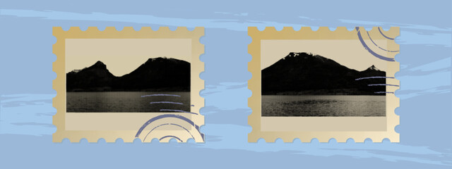 Vintage postage stamp with mountains on old gold paper. High rocky hills on the river, sea shore. Horizon with sunset or sunrise. Mountain postage stamp with ink stamp. Halftone style art. Vector.