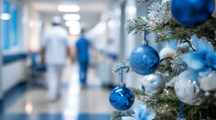 Christmas tree decoration ball on the background of a blurry hospital corridor.