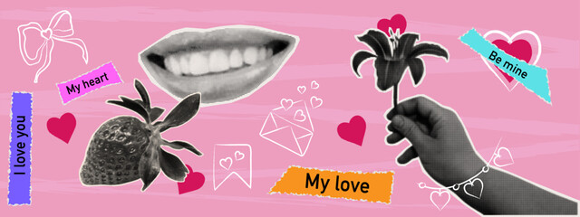 An aesthetic collage for a good mood on Valentine's Day. A woman's smile, strawberries, envelope with hearts, a hand holding a lily. Cut-out elements for collage, scrapbook, paper with uneven edges.
