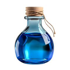 Blue liquid in glass bottle on transparent background