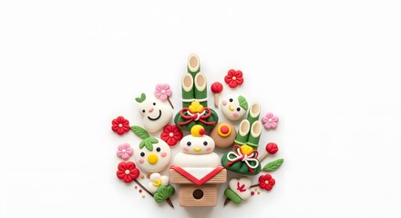 初日の出とお正月の縁起物のクレイアート背景