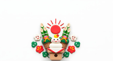 初日の出とお正月の縁起物のクレイアート背景