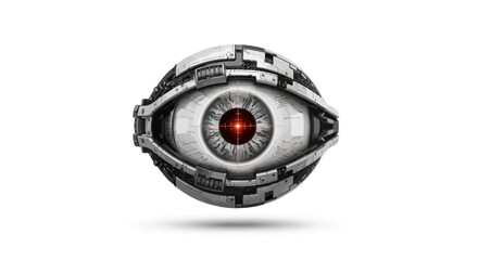 Futuristic robotic eye with red target, representing artificial intelligence surveillance systems © Sifaul