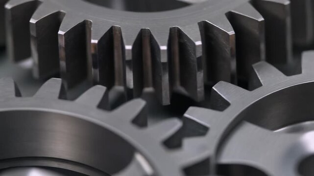 Close-up of industrial metal gears rotating smoothly in perfect synchronicity representing teamwork and mechanical precision