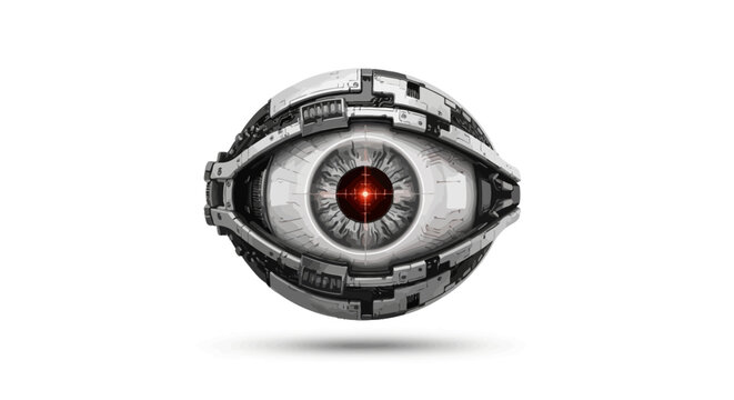 Futuristic robotic eye with red target, representing artificial intelligence surveillance systems