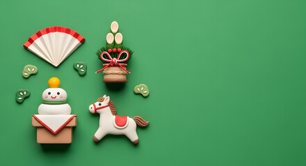 初日の出とお正月の縁起物のクレイアート背景