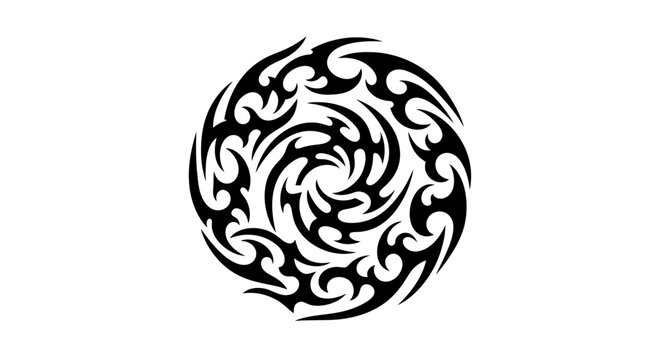 Tribal tattoo design illustration, circular abstract design with intricate swirling pattern in