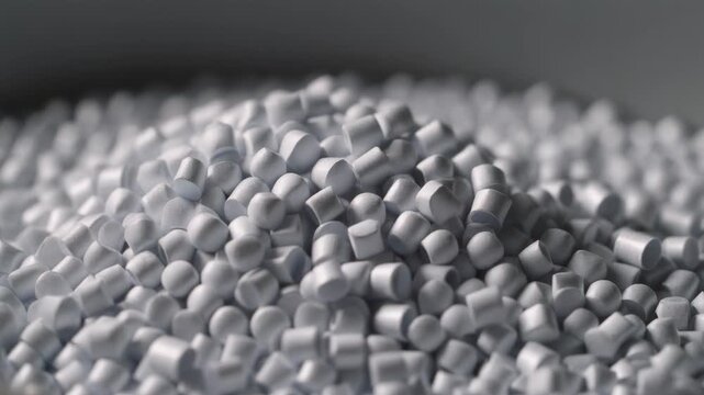 White plastic pellets falling and accumulating, a close-up of raw polymer granules used in industrial manufacturing, recycling, and material production processes.