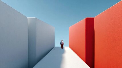  Navigating the Unknown: A lone individual traverses a minimalist pathway, framed by bold, architectural structures against a clear sky, the image conveys themes of exploration and choice. 