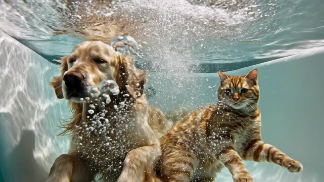 Dynamic underwater perspective showing large air bubbles rapidly rising around the submerged legs of a cat and dog resting peacefully inside a tub basin tub, hydrotherapy, dog