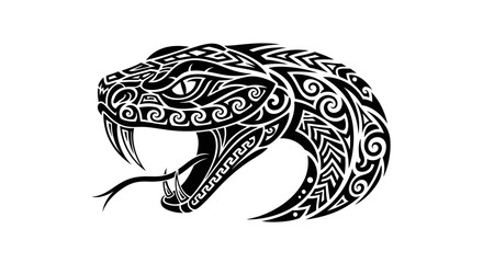 Stylized snake head illustration showcasing intricate tribal tattoo design in black and white