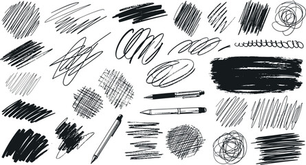 Set of hand drawn black paint hand prints and brush strokes isolated on white background as artistic cosmetic makeup tools for fashion and beauty painting