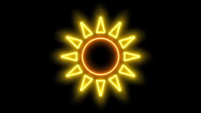 Video 4k Neon Sun Icon with Glowing Yellow Rays on Black Background, Abstract Symbol of Warmth and Energy