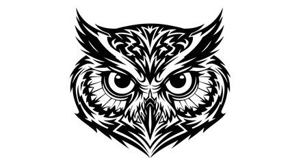 Intricate owl head design in black and white, a captivating artistic display