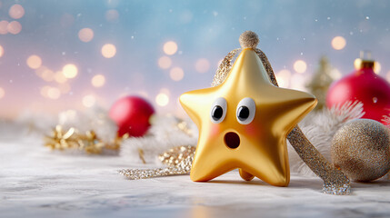 Surprised gold star character Christmas ornament in the snow