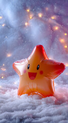 Smiling star balloon in snow with festive lights