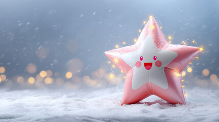 Cute pink star balloon with lights on a snowy winter background