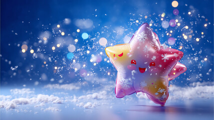 3D cartoon star balloon on snow with festive bokeh background