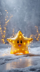 Smiling Christmas star balloon with lights in winter snow