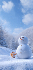 Cute squirrel with smiling snowman in a snowy winter forest