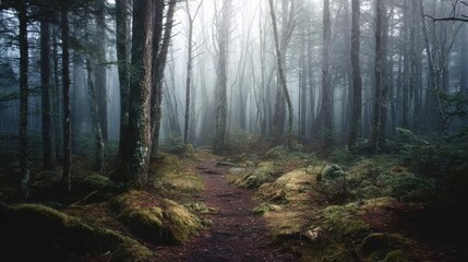 Obraz premium AI generated image of a foggy forest dense with trees, ideal for nature scenes, mystical visuals, or environmental awareness projects.