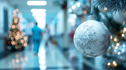 Christmas tree decoration ball on the background of a blurry hospital corridor.