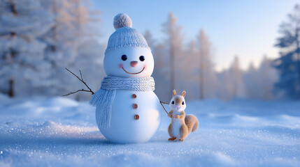 Cute smiling snowman with a squirrel in a snowy winter forest