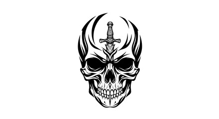 Monochrome skull artwork featuring an embedded dagger for edgy design concept