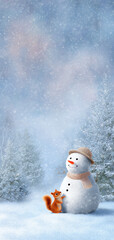 Whimsical snowman and red squirrel in a snowy forest