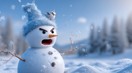 Angry snowman shouting in a snowy forest with a bird