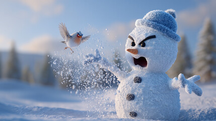 Angry snowman fighting a small bird in winter