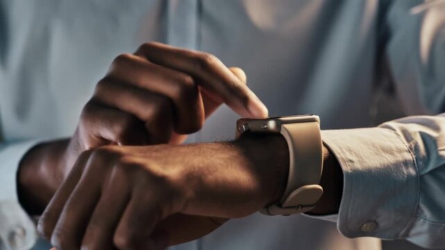 Close-up of a person interacting with a smartwatch, showcasing modern technology and lifestyle.