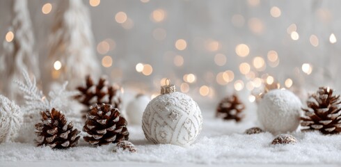 White christmas background with white balls and pine cones on snow, white christmas decoration.