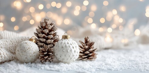 White christmas background with white balls and pine cones on snow, white christmas decoration.